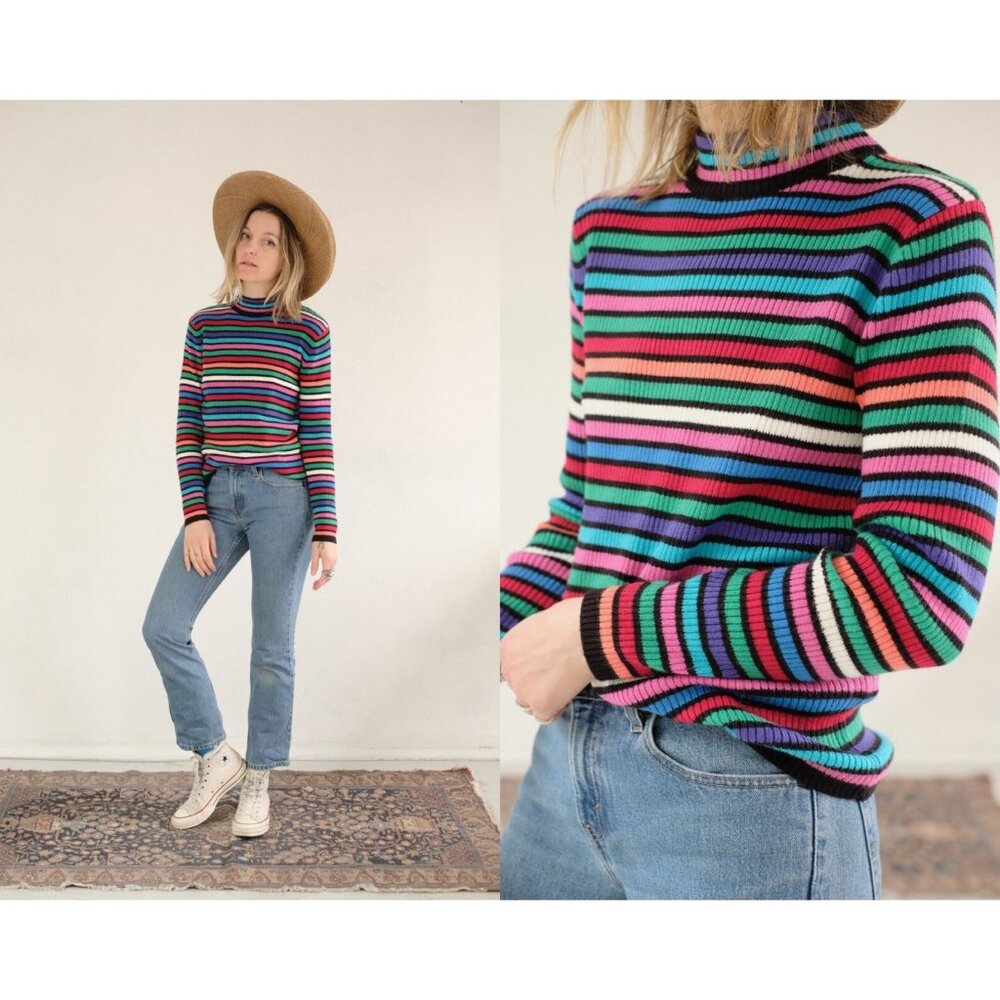 SOLD-Vintage Rainbow striped turtleneck sweater